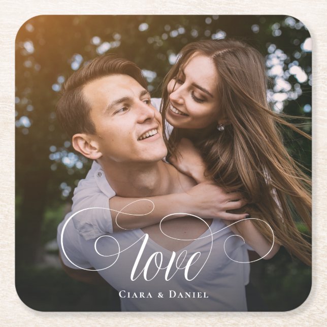 Porta-copo De Papel Quadrado Foto de casamento do Casal Elegante de Caligrafia  (Frente)