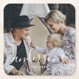 Porta-copo De Papel Quadrado Foto personalizada com nome da família e ano de fu