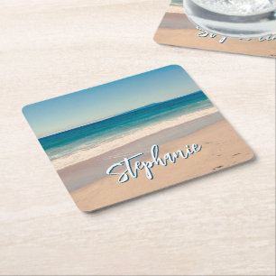 Porta-copo De Papel Quadrado Foto Personalizada da Praia Oceano Azul Cênica