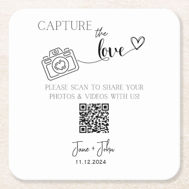 Porta-copo De Papel Quadrado Foto personalizada de casamento Código QR Captura  (Frente)