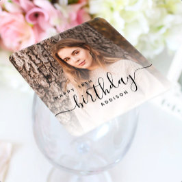Porta-copo De Papel Quadrado Foto Personalizada Preto Script 18º Aniversário