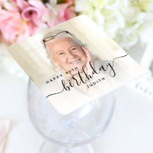 Porta-copo De Papel Quadrado Foto Personalizada Script Preto Aniversário de 80