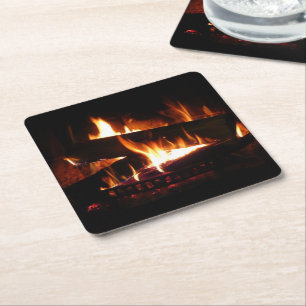 Porta-copo De Papel Quadrado Fotografia da cena de inverno quente em lareira