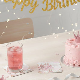 Porta-copo De Papel Quadrado Four Ever Pink Princess Castle Birthday coaster 