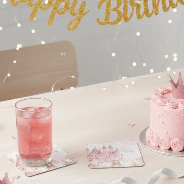 Porta-copo De Papel Quadrado Four Ever Pink Princess Castle Birthday coaster  (Criador carregado)