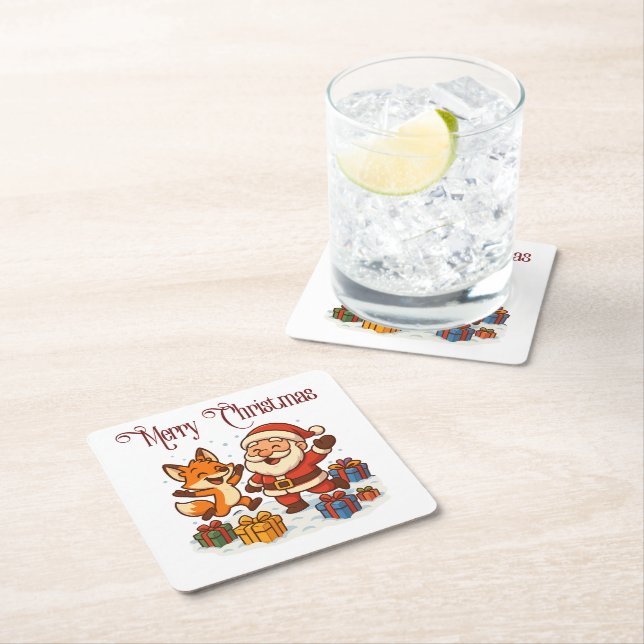 Porta-copo De Papel Quadrado Fox and Santa Christmas Paper Coaster (Insitu)