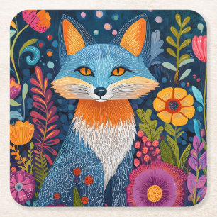 Porta-copo De Papel Quadrado Fox Dot Art Vibrante Em Meio À Flora Esbuvada