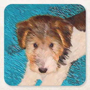 Porta-copo De Papel Quadrado Fox Terrier Puppy Painting - Arte Original De Cão