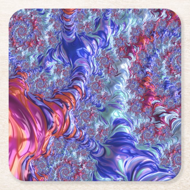 Porta-copo De Papel Quadrado Fractal Abstrato digital de trippy Groovy colorido (Frente)
