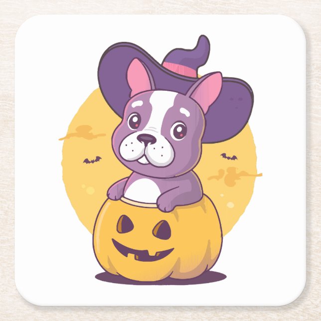 Porta-copo De Papel Quadrado Frenchie Halloween (Frente)