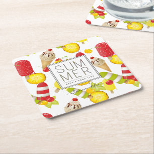Porta-copo De Papel Quadrado Frutas de Verão e Diversão de Sorvetes