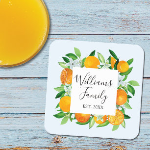 Porta-copo De Papel Quadrado Frutas e Flores Laranja Elegantes Floral de Verão