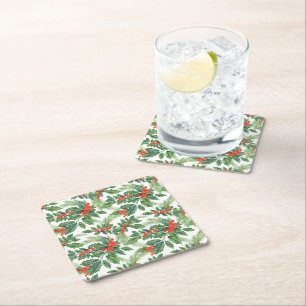 Porta-copo De Papel Quadrado Frutas Vermelhas Azevinho Verde Floral Natal Feria