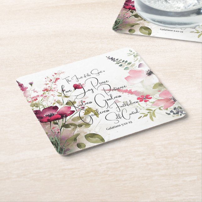 Porta-copo De Papel Quadrado Fruto do Espírito floral rosa (Inclinado)