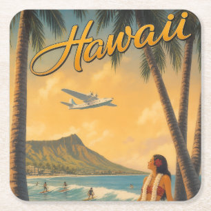 Porta-copo De Papel Quadrado Fuga do Paraíso Vintage Havaiano da Garota Hula Al