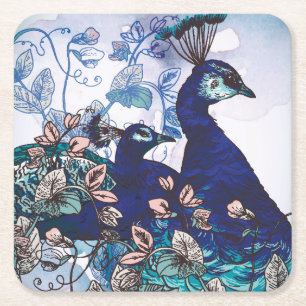 Porta-copo De Papel Quadrado Fundo floral com pavões