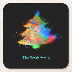 Porta-copo De Papel Quadrado Fundo preto e aquarelas e árvore de Natal