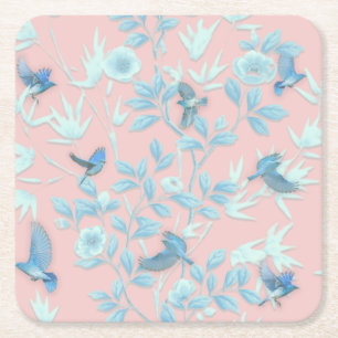 Porta-copo De Papel Quadrado Fundo rosa com aves e flores