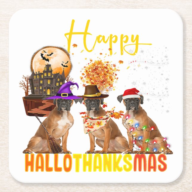 Porta-copo De Papel Quadrado Funny Boxer Dog Happy Hallothanksmas Pet Owner (Frente)
