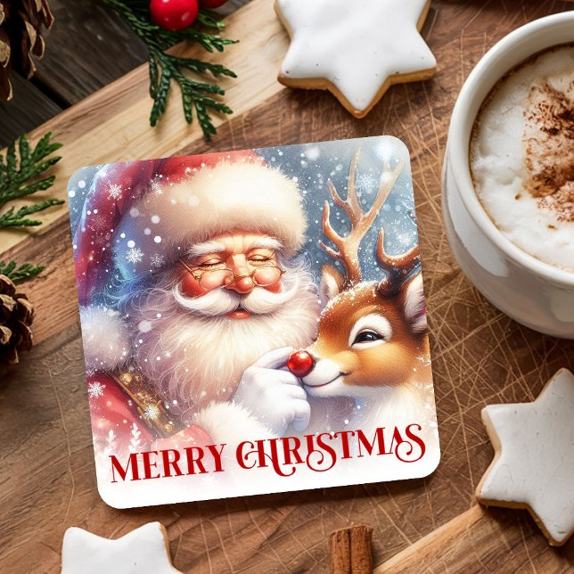 Porta-copo De Papel Quadrado Funny Christmas Coasters with Santa and Rudolph (Funny Christmas Coasters with Santa and Rudolph)