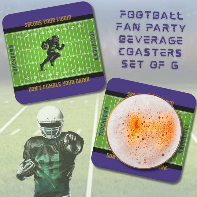 Porta-copo De Papel Quadrado Funny Purple Football Game Day Coasters (Don't let your drinks fumble the table! Secure Your Liquid with this fun set of football coasters)