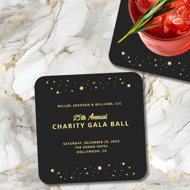 Porta-copo De Papel Quadrado Gala Ball Charity Fundraiser Elegante Dourado (Gala Ball Charity Fundraiser Elegant Black Gold Paper Coaster, Company Name, Event Details.)