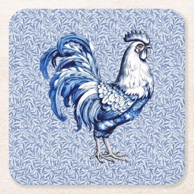 Porta-copo De Papel Quadrado Galinha De rico Azul E Galo Branco (Frente)