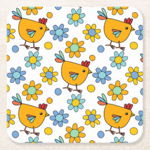 Porta-copo De Papel Quadrado Galinha e flor, de cor branca
