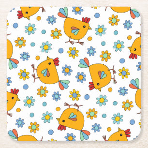 Porta-copo De Papel Quadrado Galinha e flor, de cor branca