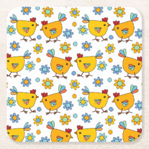Porta-copo De Papel Quadrado Galinha e flor, de cor branca