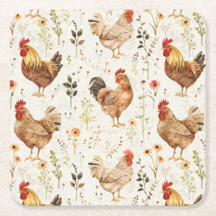Porta-copo De Papel Quadrado Galinheiros de Fazenda Galinhas Flores
