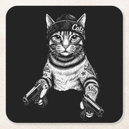 Porta-copo De Papel Quadrado Gangster Cat Tattoo Art | Cool Streetwear Kitty