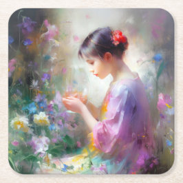 Porta-copo De Papel Quadrado Garota admirando uma flor em suas mãos