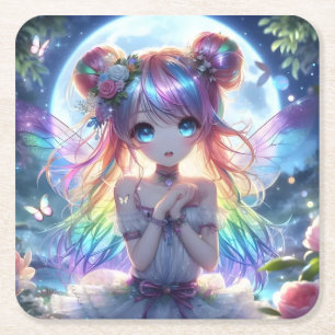 Porta-copo De Papel Quadrado Garota de Anime Cabelo Arco-íris Cantando Fada da