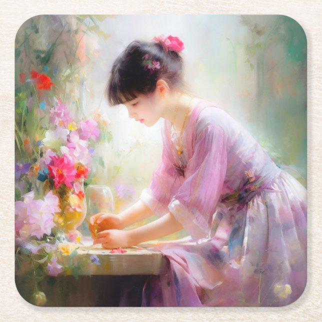 Porta-copo De Papel Quadrado Garota no Jardim Flor (Frente)