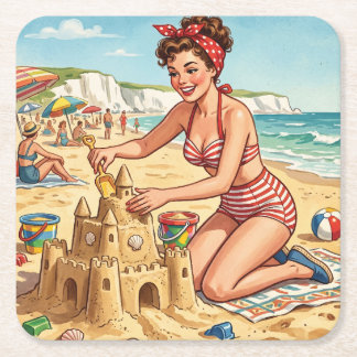 Porta-copo De Papel Quadrado Garota Pin Up Vintage Construindo Castelo de Areia