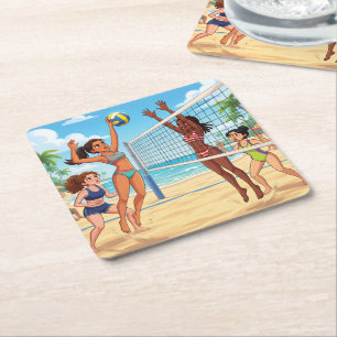 Porta-copo De Papel Quadrado Garotas de Desenho Animado Jogando Vôlei de Praia