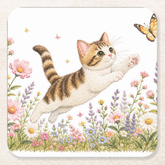 Porta-copo De Papel Quadrado Gatinho Bordado Perseguindo Borboleta em Flor Silv