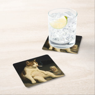 Porta-copo De Papel Quadrado Gatinho de Cigarro Meme Engraçado de Gato Fumando