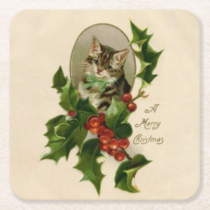Porta-copo De Papel Quadrado Gatinho de Natal Vitoriano em Tabby Antigo com Aze