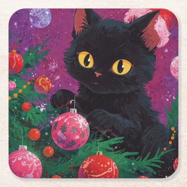 Porta-copo De Papel Quadrado Gatinho Preto e Árvore de Natal (Frente)