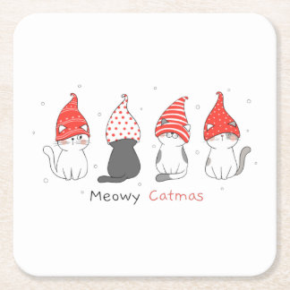 Porta-copo De Papel Quadrado gato bonito com chapéu de gnomo para natal.