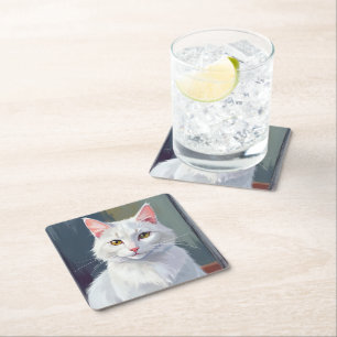 Porta-copo De Papel Quadrado Gato Branco   Pintura de Gato de Estimação em Aqua