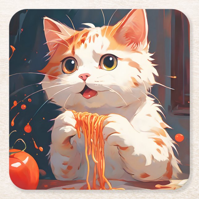Porta-copo De Papel Quadrado Gato comendo espaguete (Frente)