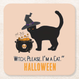 Porta-copo De Papel Quadrado gato conectado com um chapéu de bruxa no halloween