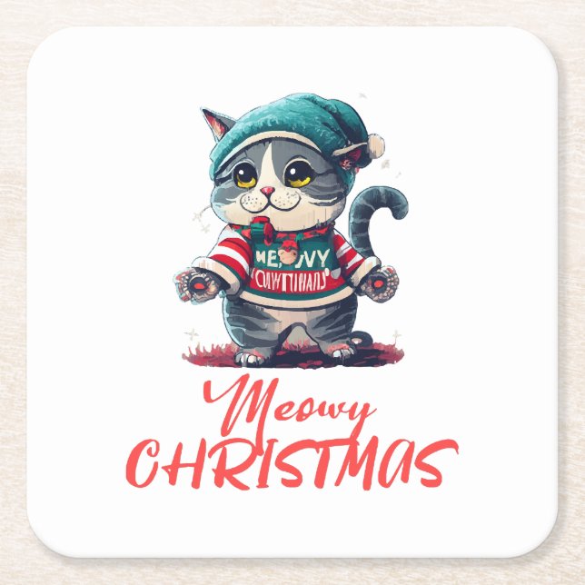 Porta-copo De Papel Quadrado Gato de Natal  (Frente)