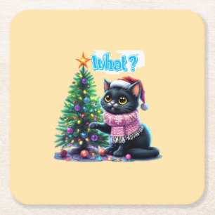 Porta-copo De Papel Quadrado Gato de Natal engraçado O que com o adesivo de árv