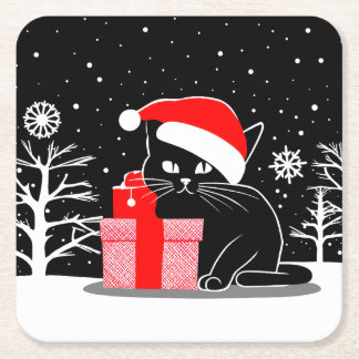 Porta-copo De Papel Quadrado Gato de Natal Negro