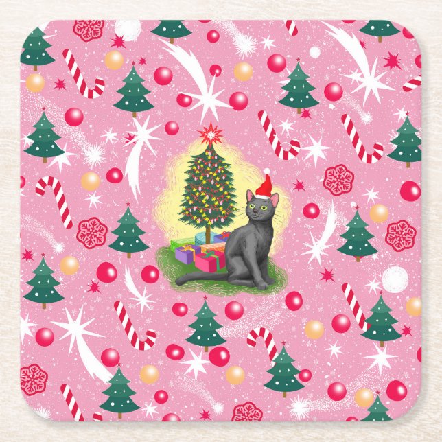 Porta-copo De Papel Quadrado Gato de Natal Rosa (Frente)