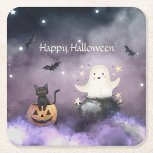 Porta-copo De Papel Quadrado Gato e Halloween Fantasma
